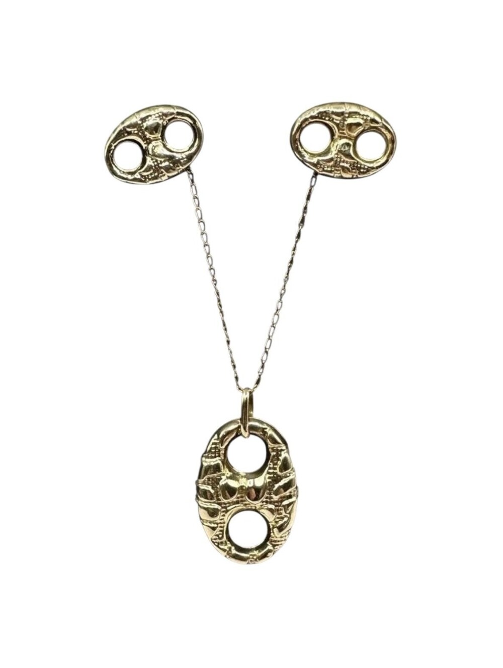 Estate Textured Puff Pendant Earrings Set 14K Yellow Gold 20in 2.6g